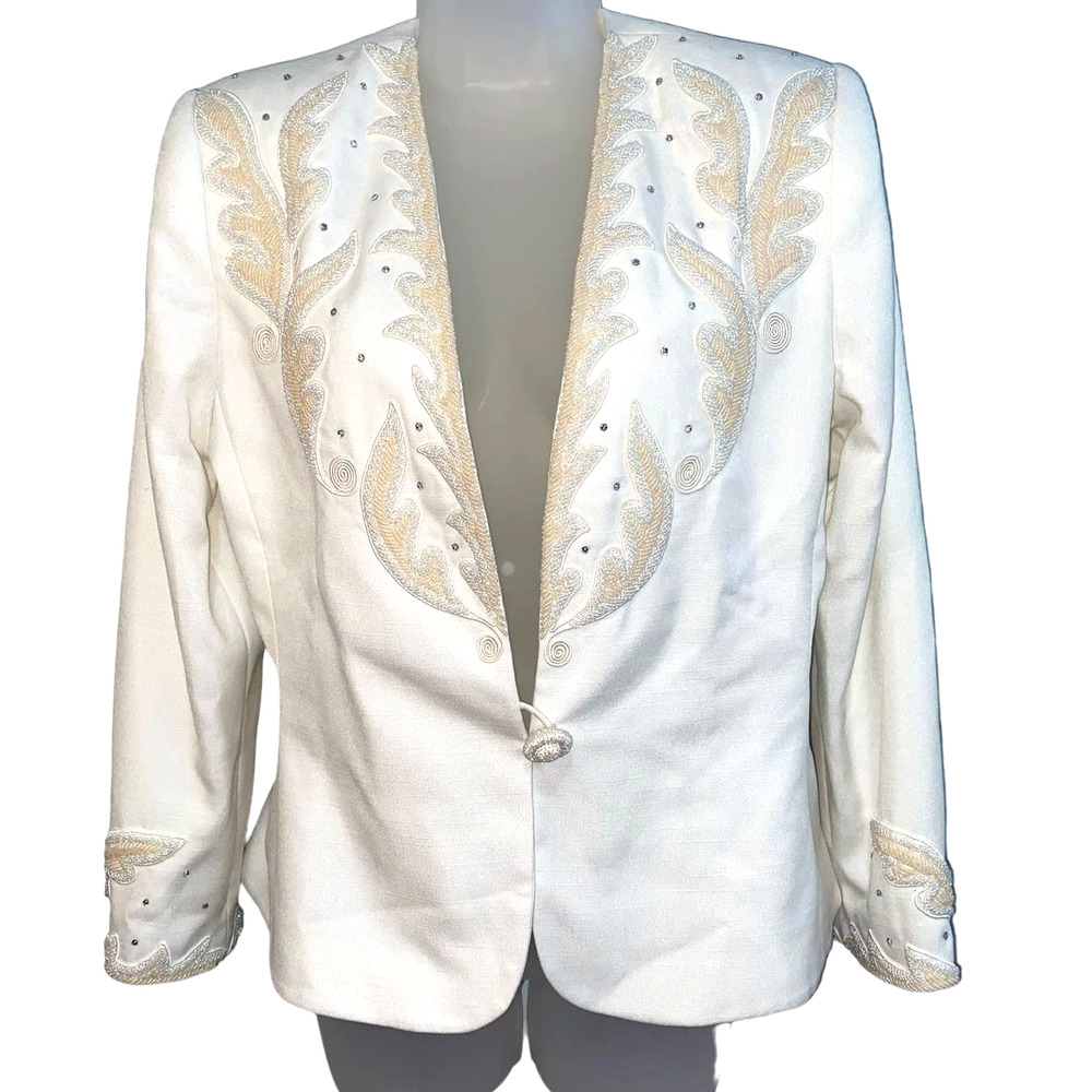 Vintage Sassco Coastal Cowgirl Heavily Beaded White Cream Blazer Womens Size S/M